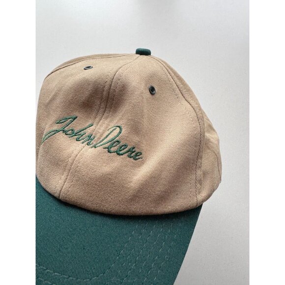K-Products JOHN DEERE Made in USA Beige Green Canvas Logo Script Baseball Hat - Picture 5 of 12